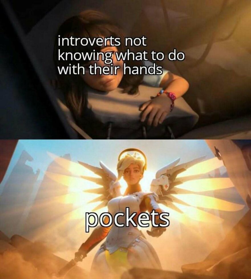 Meme about introverts not knowing what to do with their hands and pockets solution