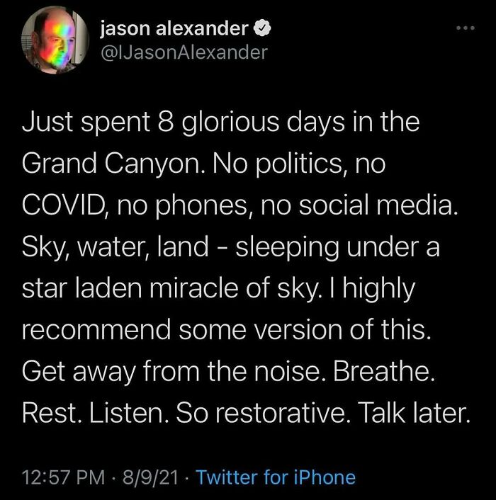 Tweet about 8 days in the Grand Canyon enjoying outdoor life without technology and stress