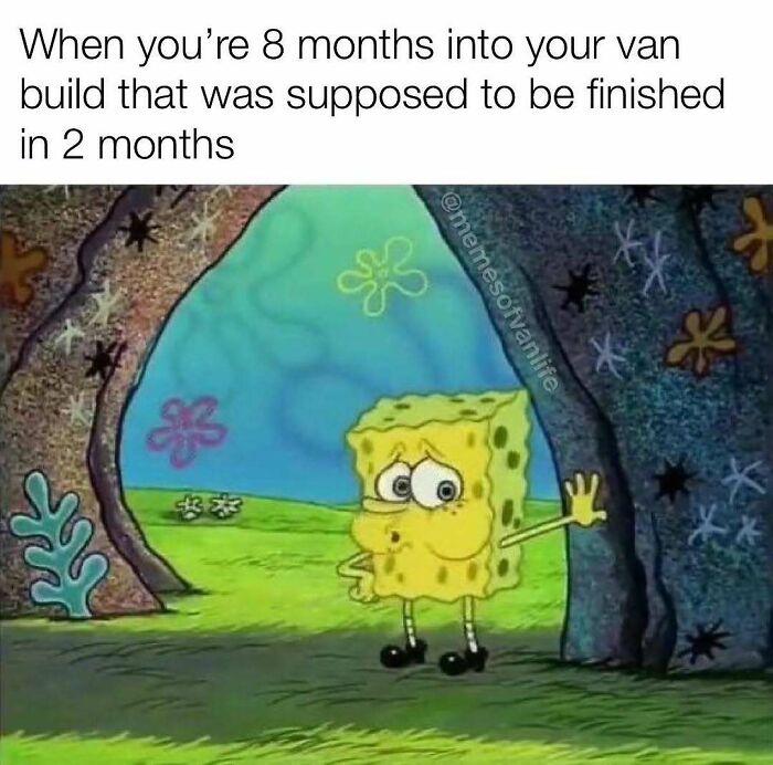 Spongebob Squarepants looking exhausted and forlorn, leaning against a tree. The meme highlights the reality of living out of a van.