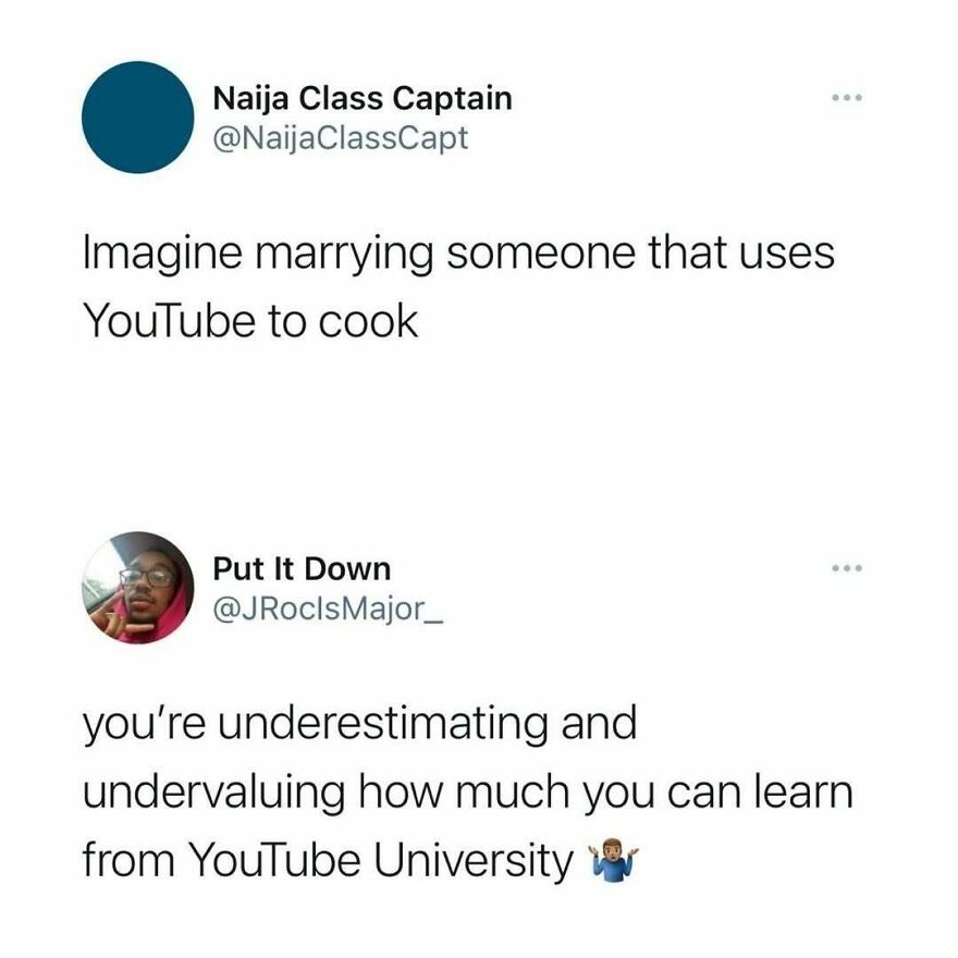 Twitter meme joking about learning cooking from YouTube University