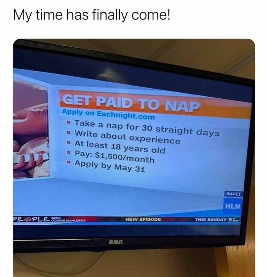 TV screenshot showing a job ad to get paid to nap with details