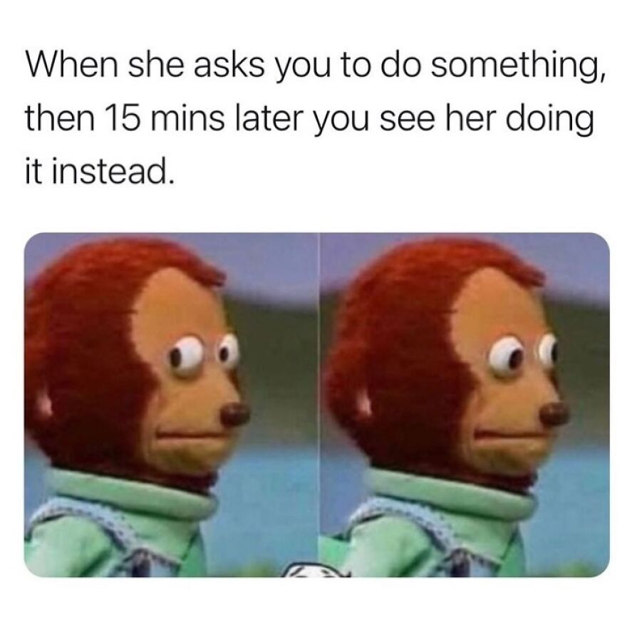 Meme with monkey puppet side-eye reaction to doing a task asked by her