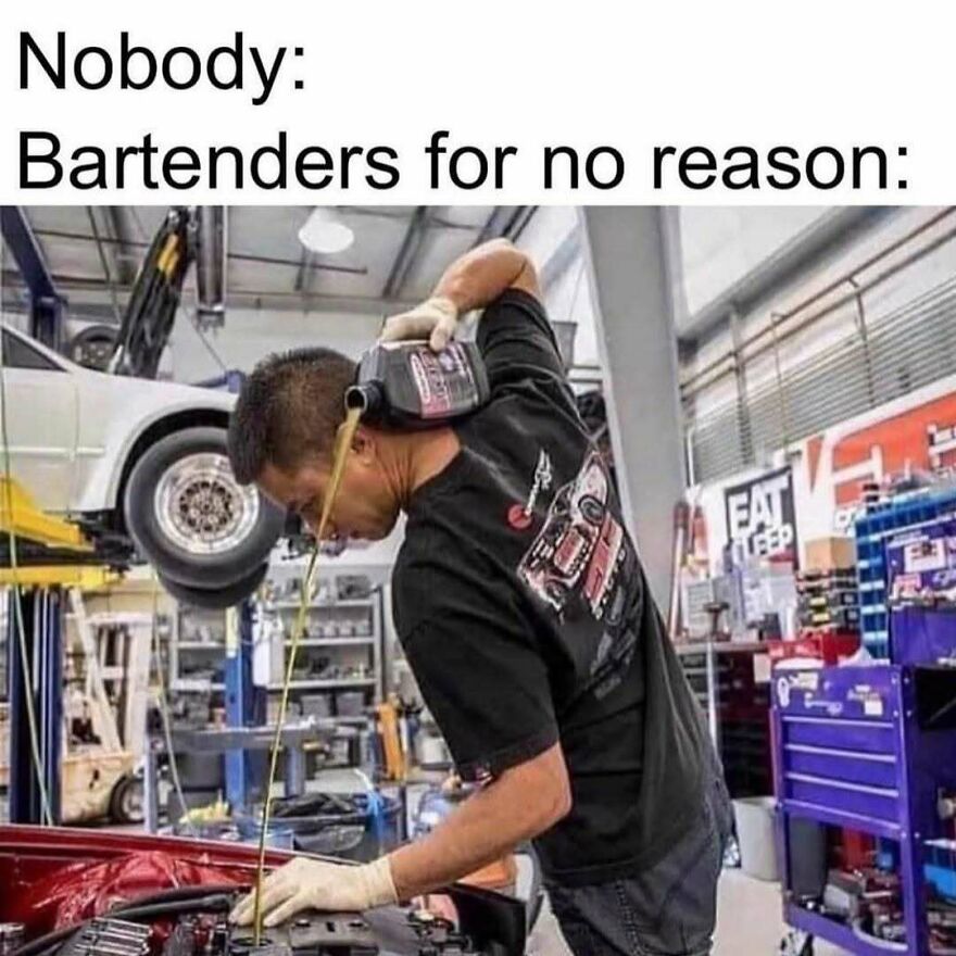 Funny meme showing a mechanic pouring oil like a bartender at a garage