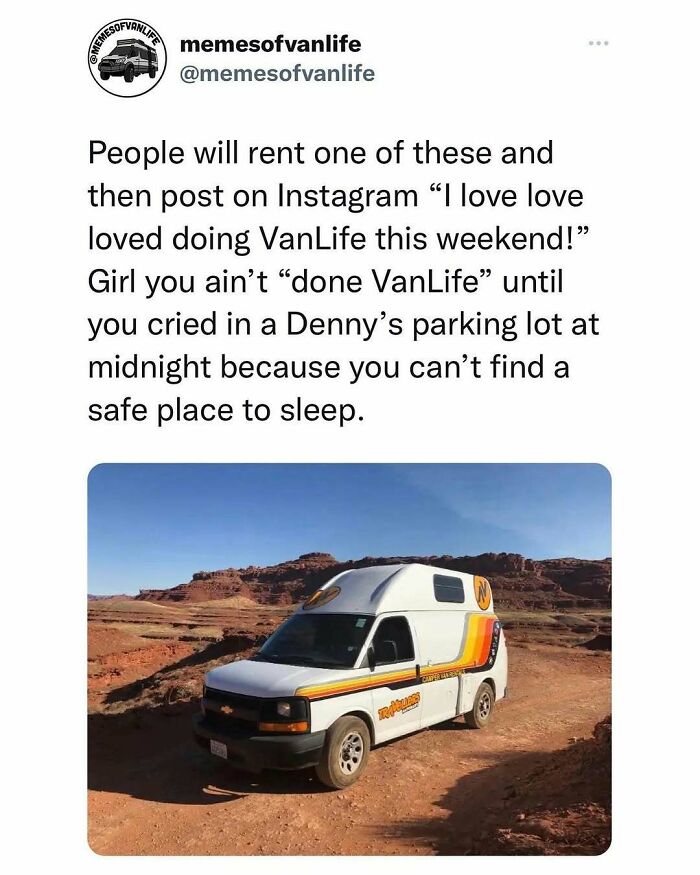 A white van with retro stripes on a dirt road, highlighting the reality of living out of a van and homelessness.