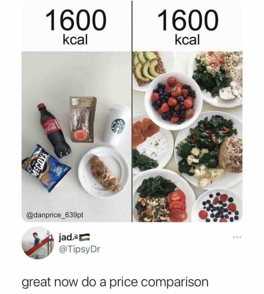 Comparison meme of 1600 kcal junk food vs healthy food meals