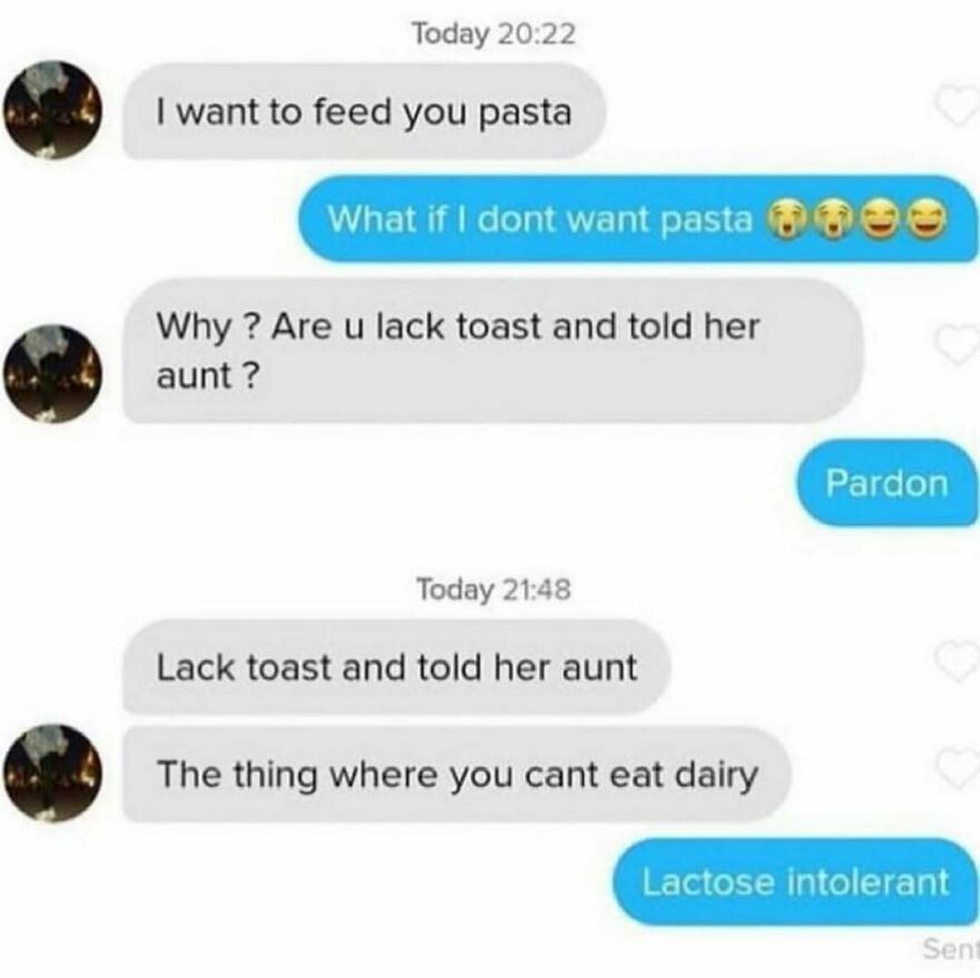 Humorous text conversation confusing lactose intolerant with lack toast meme