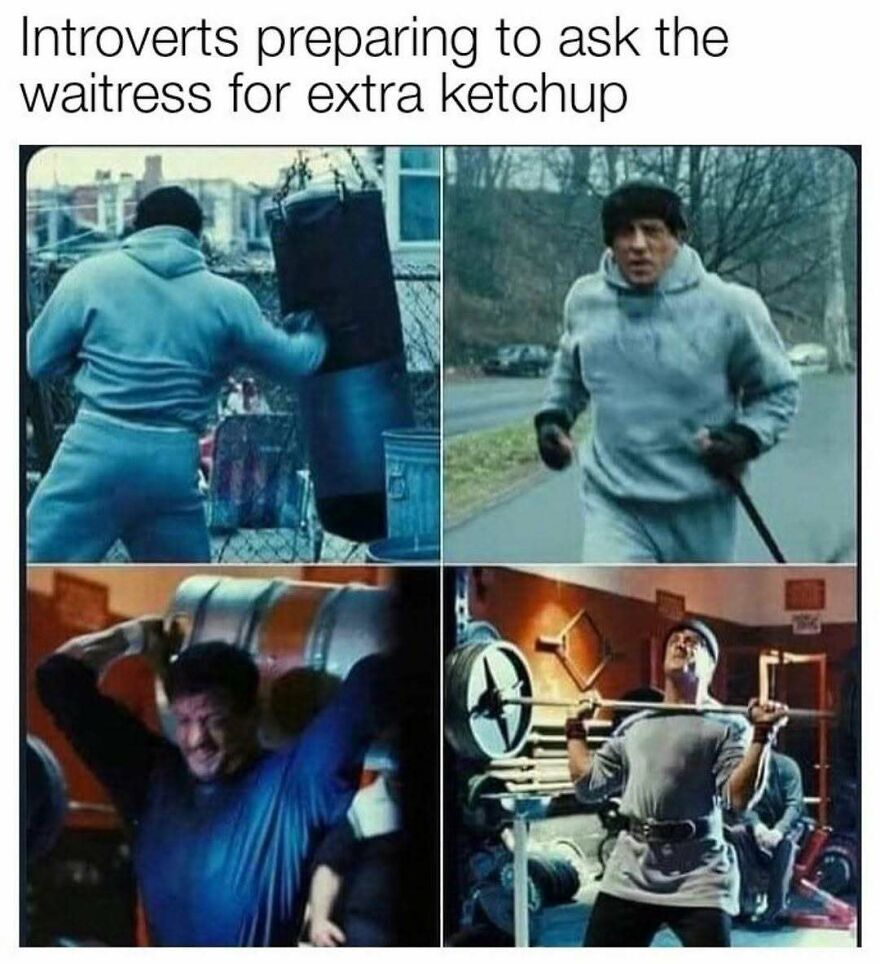 Collage of Rocky training scenes representing introverts asking for ketchup funny memes