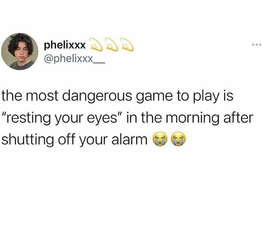 Tweet about the danger of resting eyes after shutting off alarm meme