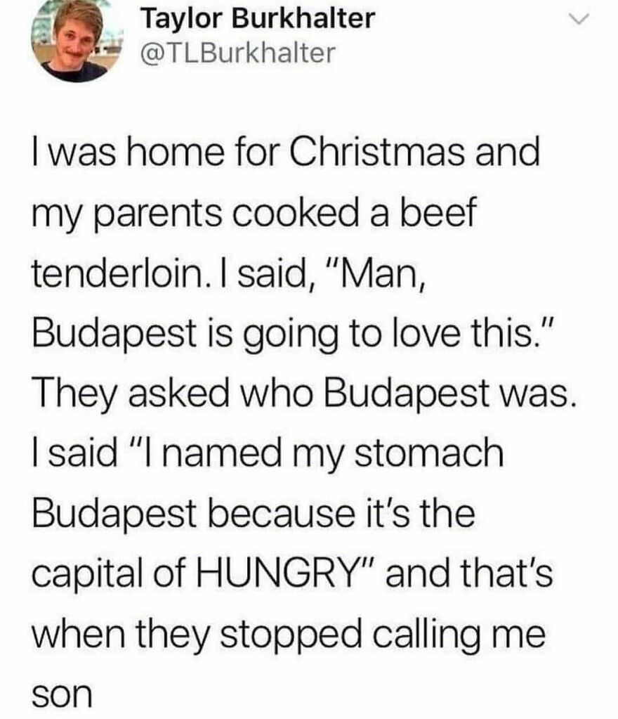 Funny tweet about naming stomach Budapest as capital of hungry