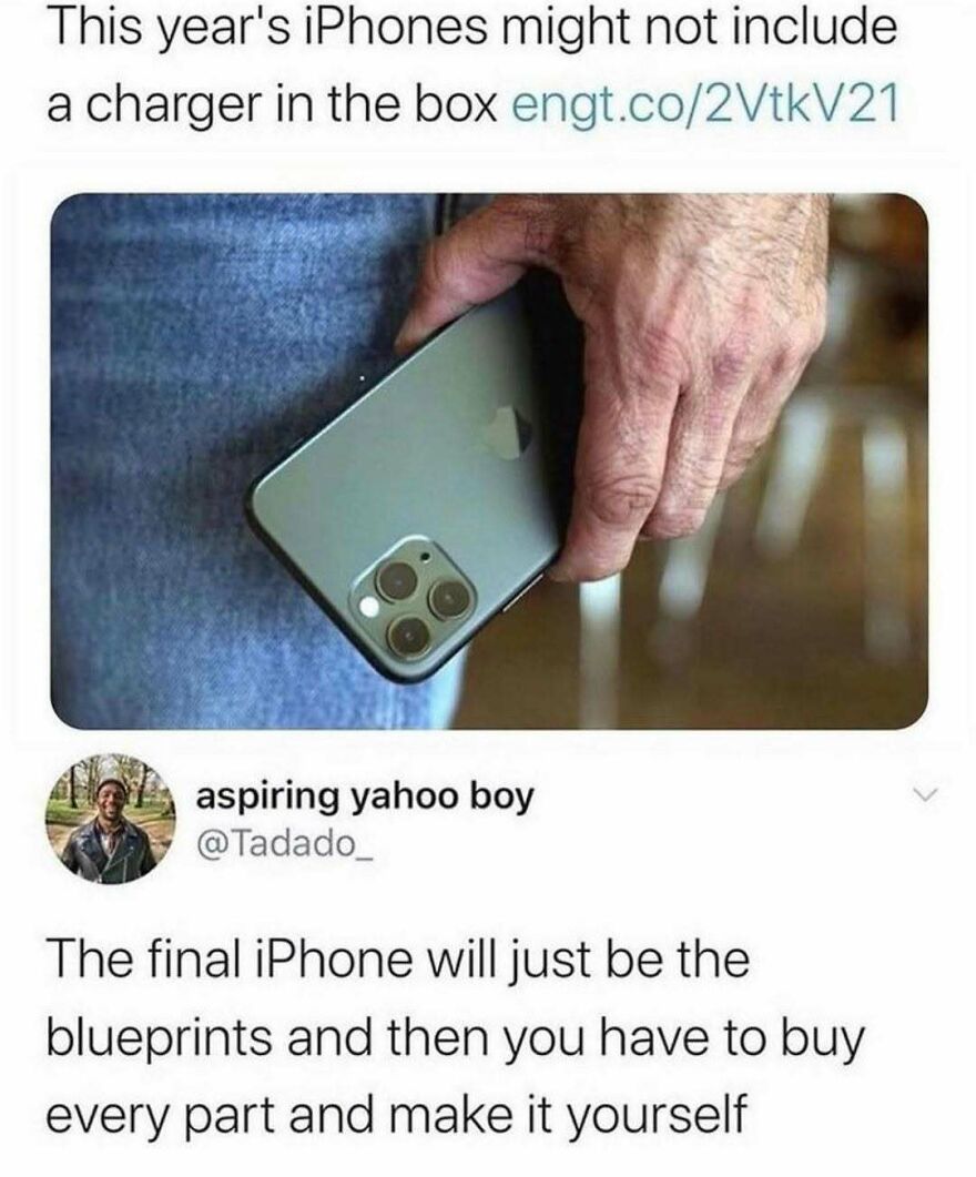 Hand holding iPhone with caption about no charger funny memes
