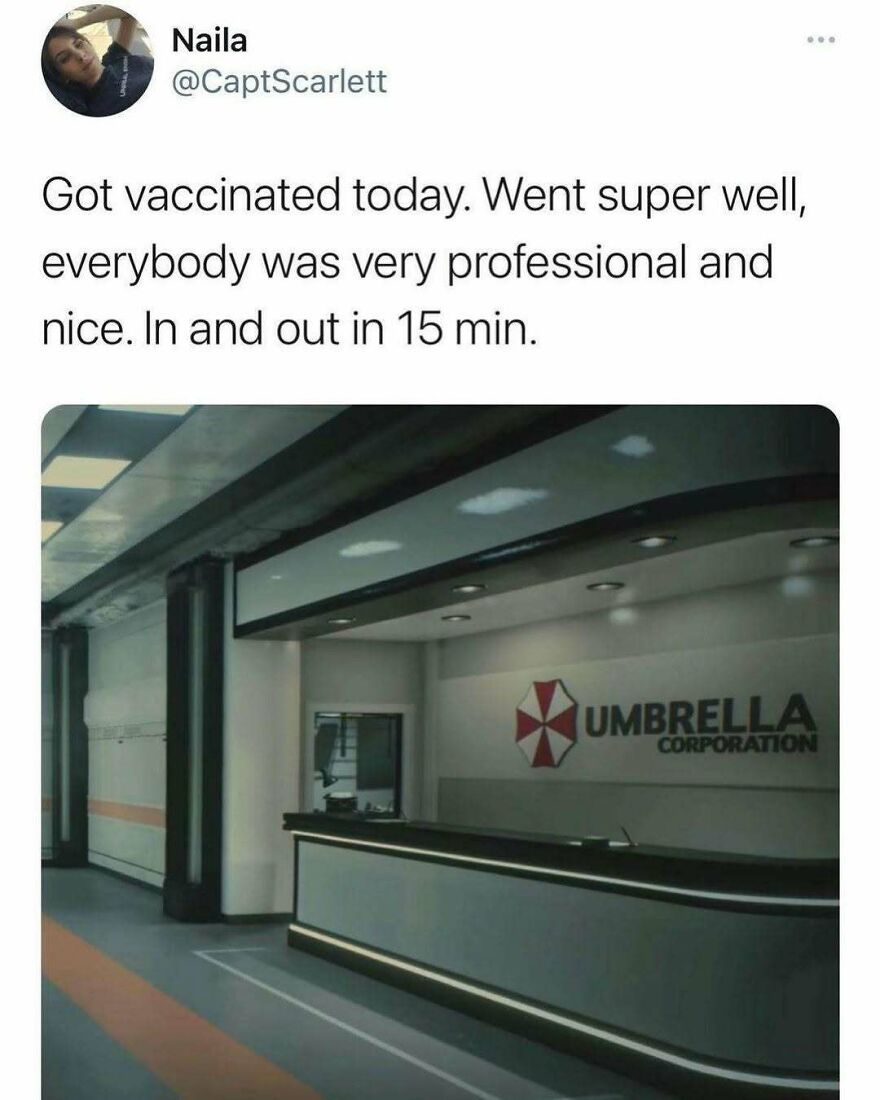 Tweet about vaccination experience with image of Umbrella Corporation reception