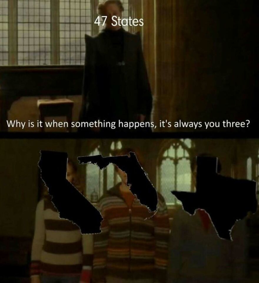 Funny meme with map shapes of three states blamed by other 47 states