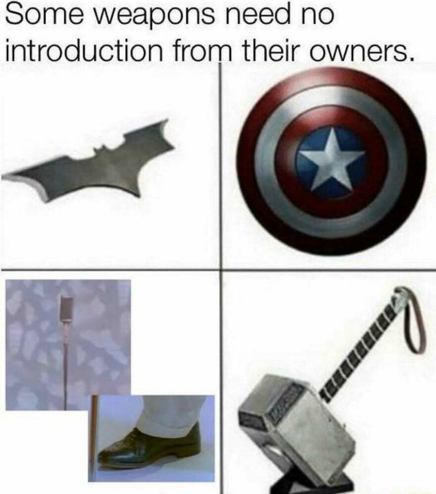 Marvel superhero weapons including Batman batarang, Captain America shield, and Thor hammer