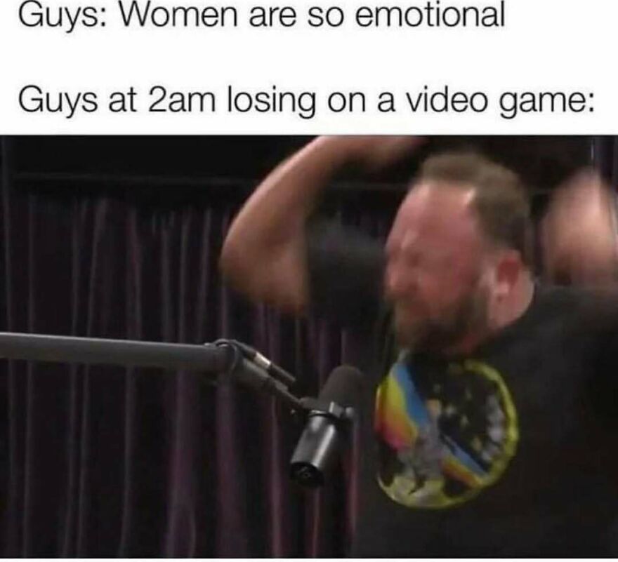 Funny meme about men losing at video games being emotional
