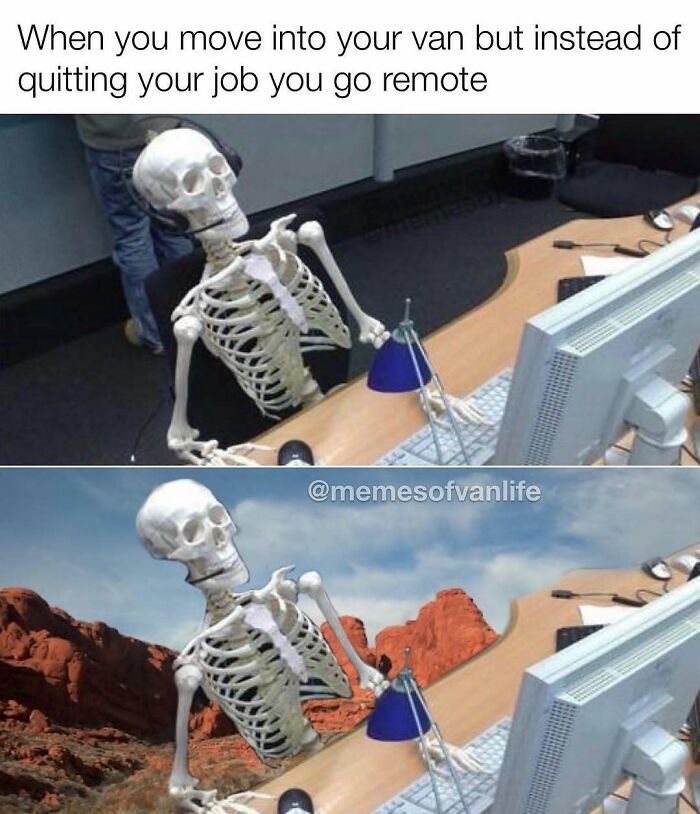 A skeleton working at a desk, first in an office, then in a van with a desert view, reflecting homelessness.