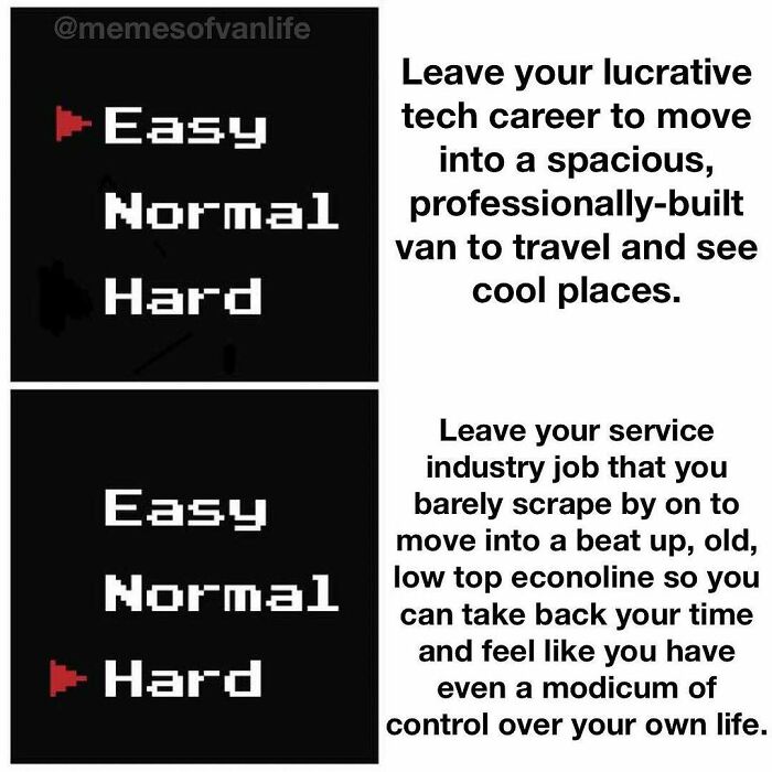 A meme contrasting van life experiences, with the first scenario as Easy and the second, more challenging one, as Hard. This meme perfectly nails the reality of living out of a van.