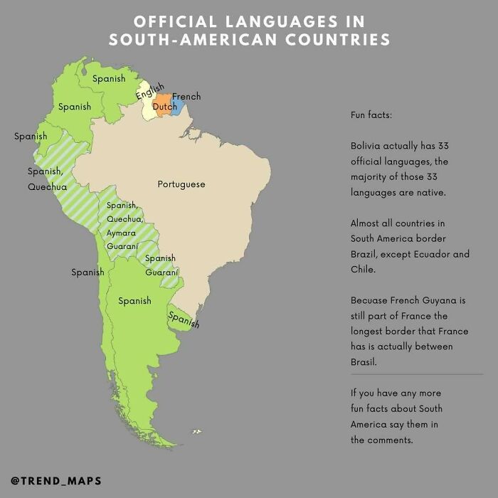 Official languages map of South-American countries highlighting Spanish Portuguese and native languages