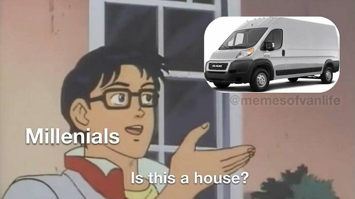 Meme of a person in glasses asking "Is this a house?" pointing to a white van, representing the reality of living out of a van.