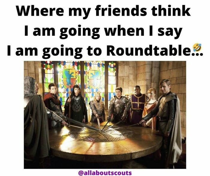 Medieval knights at table meme about friends misinterpreting roundtable for outdoors