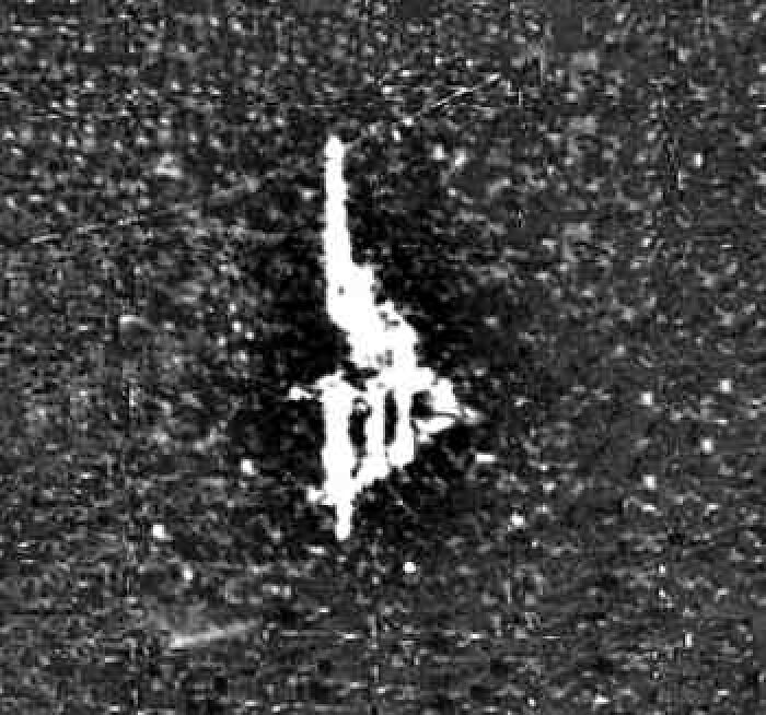 Unidentified white alien-shaped figure in black and white static image
