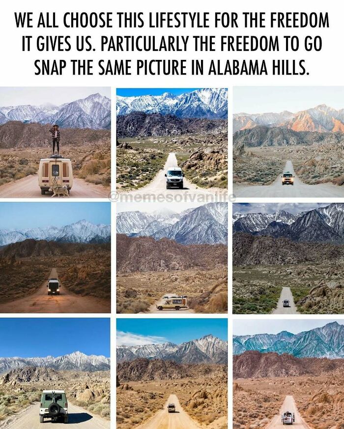 Nine images of vans driving on a dirt road towards snowy mountains, showcasing the reality of living out of a van.