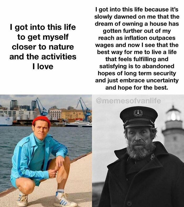 A meme showing two images of Willem Dafoe with text about van life and homelessness.