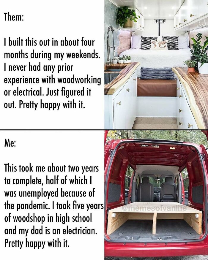 A meme comparing a luxurious van conversion to a basic van with a wooden bed frame, highlighting the reality of living out of a van.