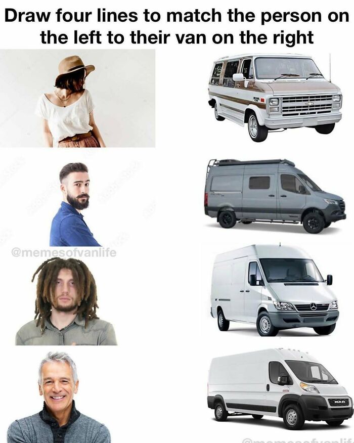 People on the left, vans on the right. Match them with lines. A humorous take on homelessness and living out of a van.