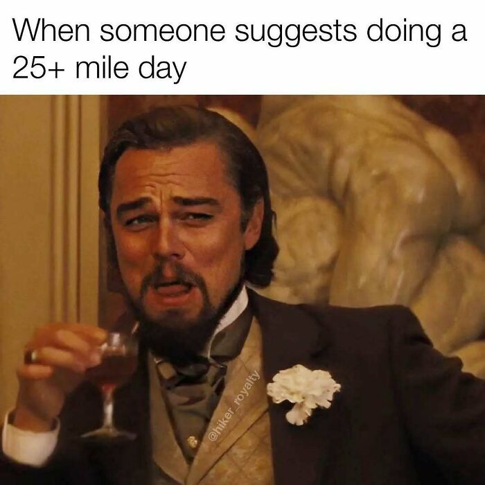 Laughing Leonardo DiCaprio meme about 25 plus mile hiking day