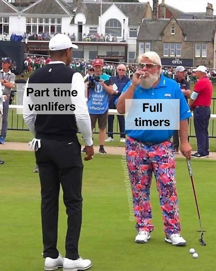 A golf course meme showing part-time vanlifers (Tiger Woods) and full-timers (John Daly), highlighting homelessness reality.