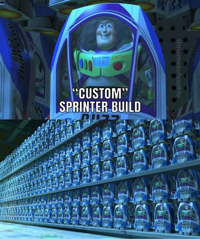 Buzz Lightyear in a package, then shelves of identical Buzz packages, captioning a custom Sprinter van build for van life memes.