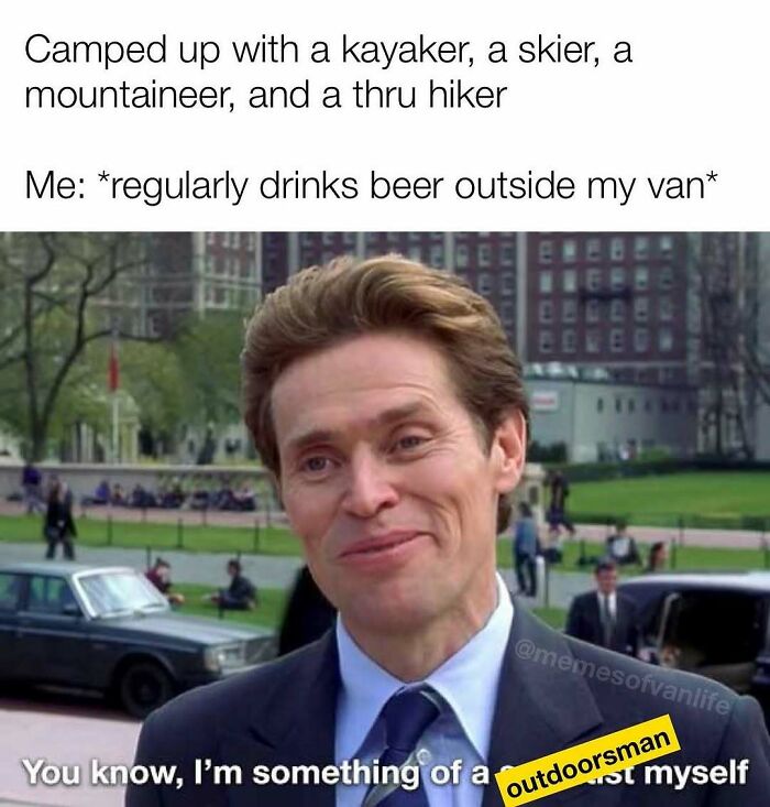 Willem Dafoe meme expressing irony about living out of a van, relating to the reality of van life and homelessness.