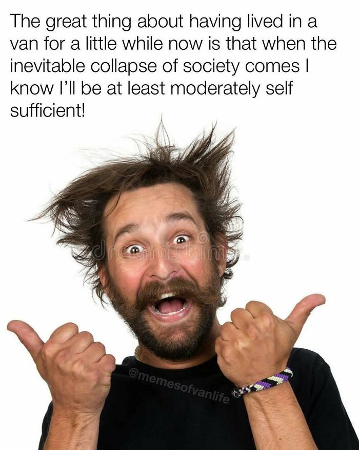 A man with messy hair and beard, wide eyes, and an open mouth, giving two thumbs up, related to homelessness memes.
