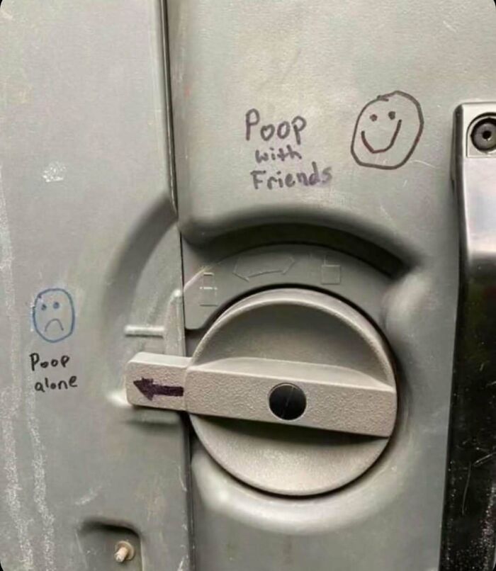 Bathroom lock showing sad and happy faces with p**p alone and p**p with friends meme