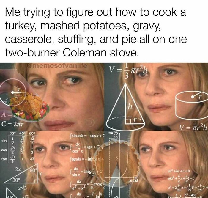 A woman with a confused expression surrounded by math equations and images of food, meme about homelessness, living out of a van.