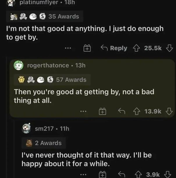 A Reddit conversation featuring positive posts, with users sharing uplifting thoughts about getting by in life. Might make your day.