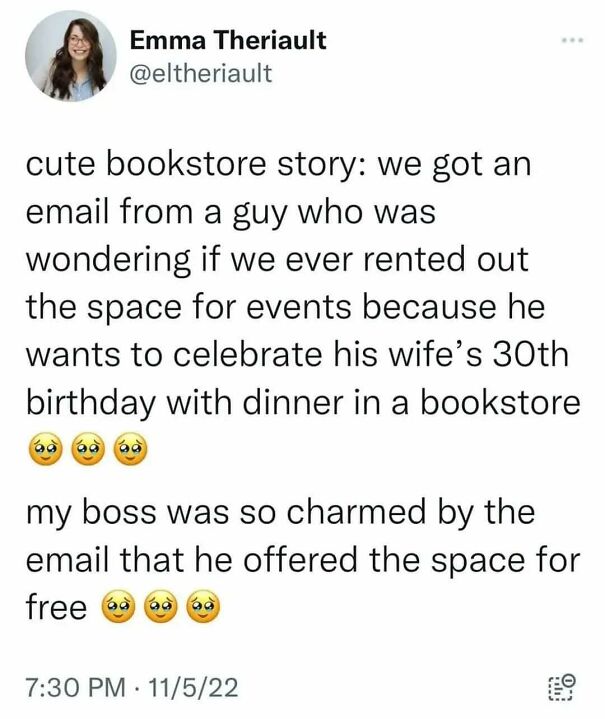 A tweet by Emma Theriault sharing a heartwarming bookstore story, proving positive posts make your day.