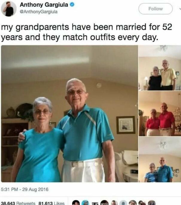 A touching Twitter post featuring an elderly couple in matching outfits, smiling warmly. A positive post that might make your day.