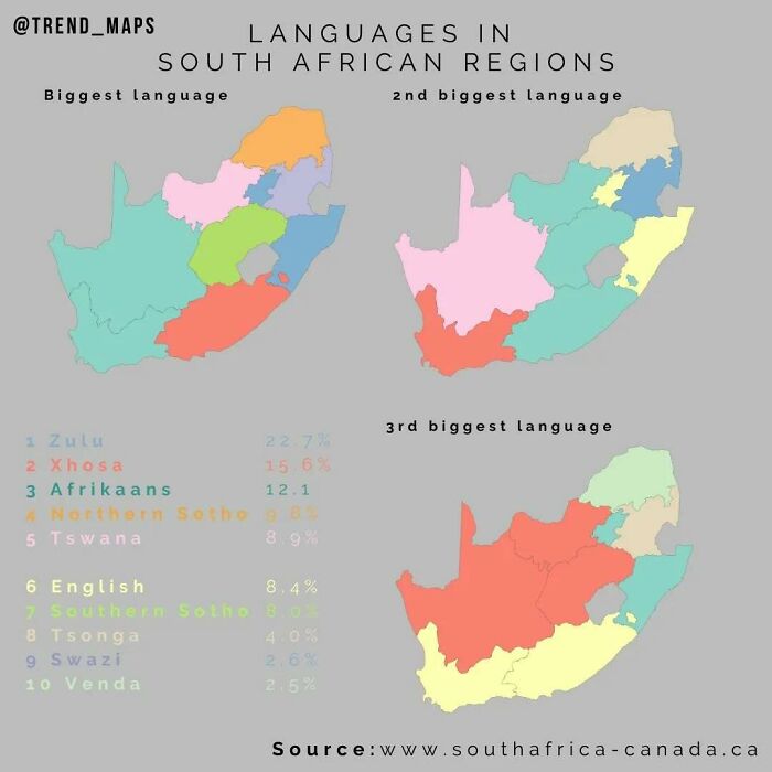 Languages distribution map of South African regions showing biggest to third biggest languages
