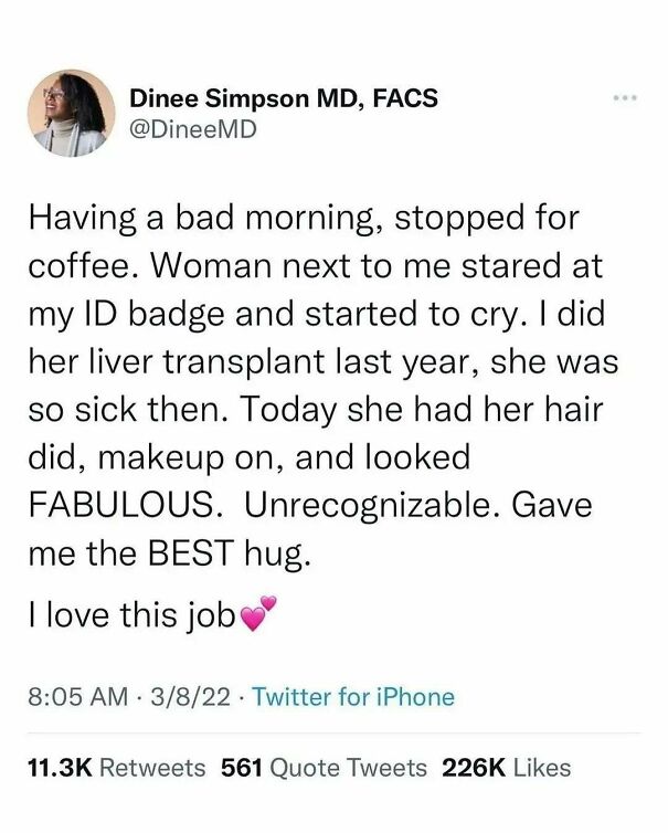 A tweet from Dineee Simpson MD, FACS sharing a heartwarming story of meeting a former patient. A positive post that might make your day.