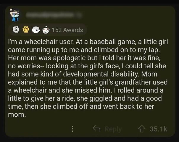 A heartwarming Reddit post from a wheelchair user. This positive post shares a story of kindness with a child at a baseball game.