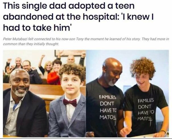 Two positive posts show a single dad and his adopted son; one from adoption day, another wearing matching shirts.
