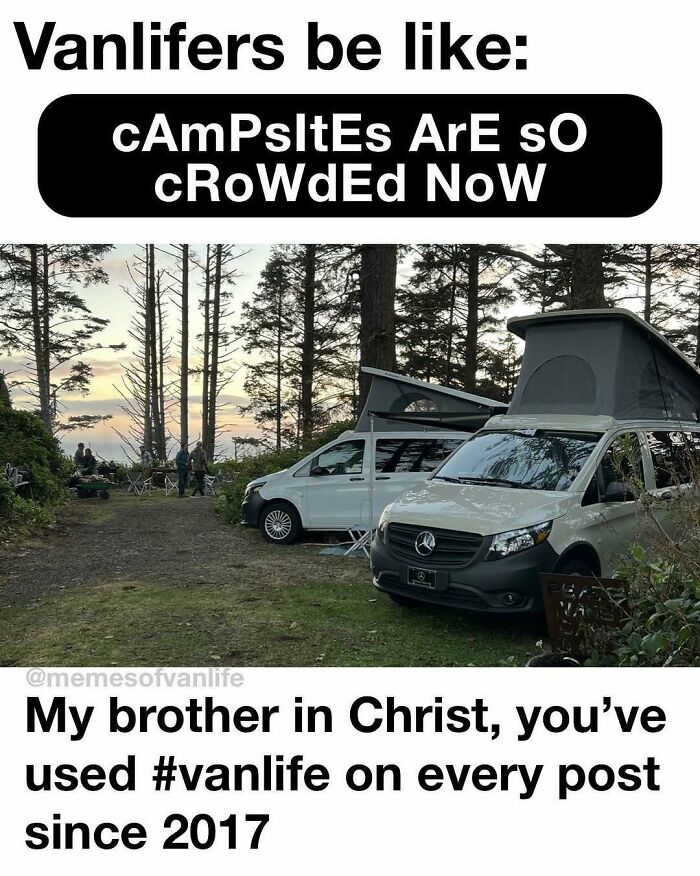 A meme about van life, showing two camper vans parked in a wooded area near a beach. It highlights the reality of living out of a van.