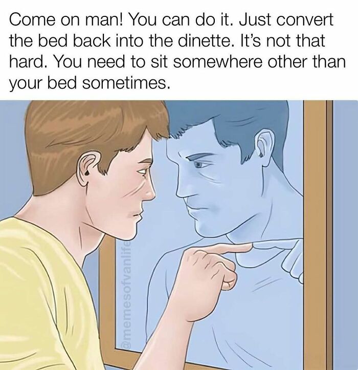 A man in a yellow shirt looks at his reflection in a mirror, which appears as a blue ghost. The meme discusses living out of a van.