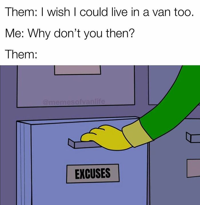 Cartoon hand opening a file labeled EXCUSES, commenting on living out of a van. Reflects on homelessness.