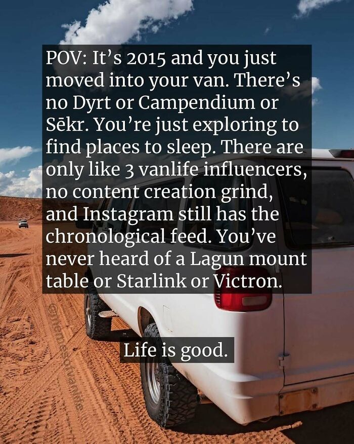 A van parked on a dirt road, with text describing early van life and its simplicity, highlighting the reality of living out of a van.