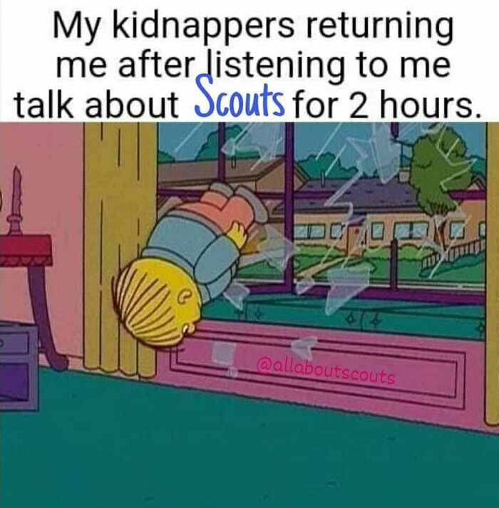 Simpsons character breaking through glass after talking about scouts meme