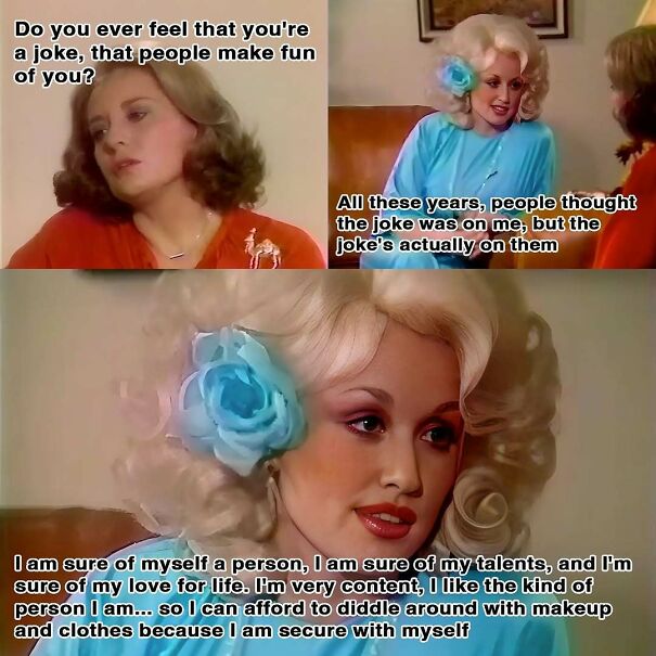 Dolly Parton in an interview, radiating confidence and positive posts. She discusses self-assurance, a great pick-me-up.