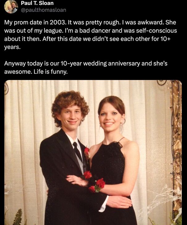 A young couple in prom attire, a positive post about overcoming awkward beginnings to celebrate their 10-year wedding anniversary.