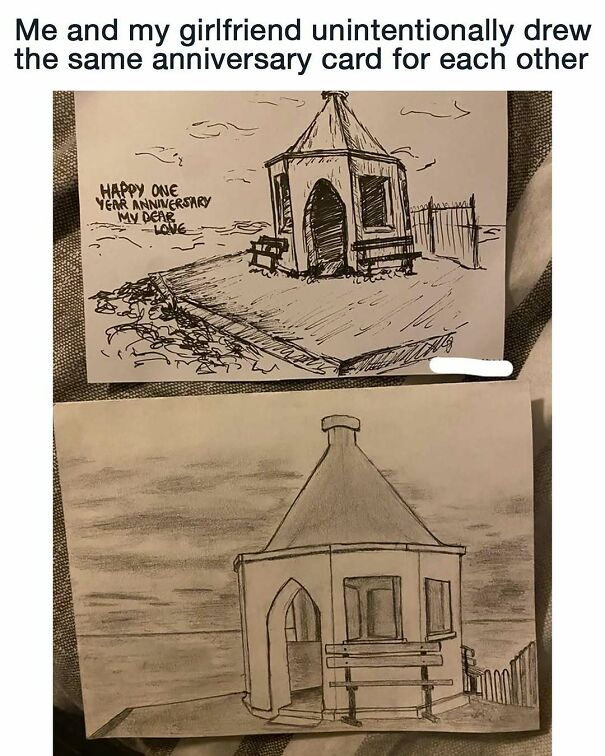 Two anniversary cards with identical drawings of a gazebo by the sea, a heartwarming positive post.